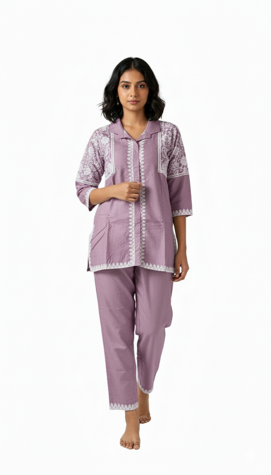 Women’s Stylish Cotton Rayon embroideryCo-ord Set | Purple Elegant Cotton Rayon Co-ord Set for Women | Comfortable Loungewear & Sleepwear for Women