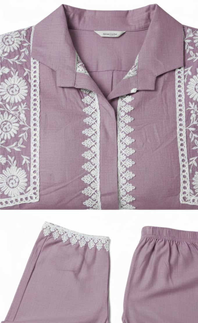 Women’s Stylish Cotton Rayon embroideryCo-ord Set | Purple Elegant Cotton Rayon Co-ord Set for Women | Comfortable Loungewear & Sleepwear for Women