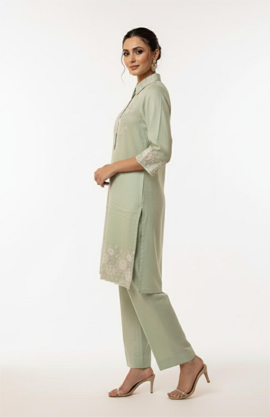 Pista Green Embroidered Co-Ord Set for Women | Thigh-Length Kurta & Pant Set | Premium Vartican Fabric | Office Wear & Daily Wear|  Premium Fabric co-ord by ZoinIndia