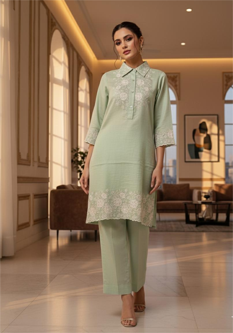 Pista Green Embroidered Co-Ord Set for Women | Thigh-Length Kurta & Pant Set | Premium Vartican Fabric | Office Wear & Daily Wear|  Premium Fabric co-ord by ZoinIndia