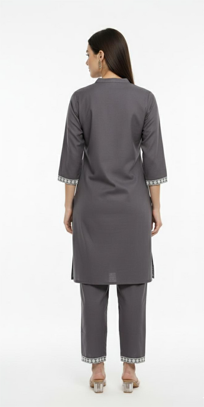 Premium Grey Cotton Co-ord Set for Women | Embroidered Kurta & Pant Set | Office & Casual Wear | Varticn Fabric | By zoinindia