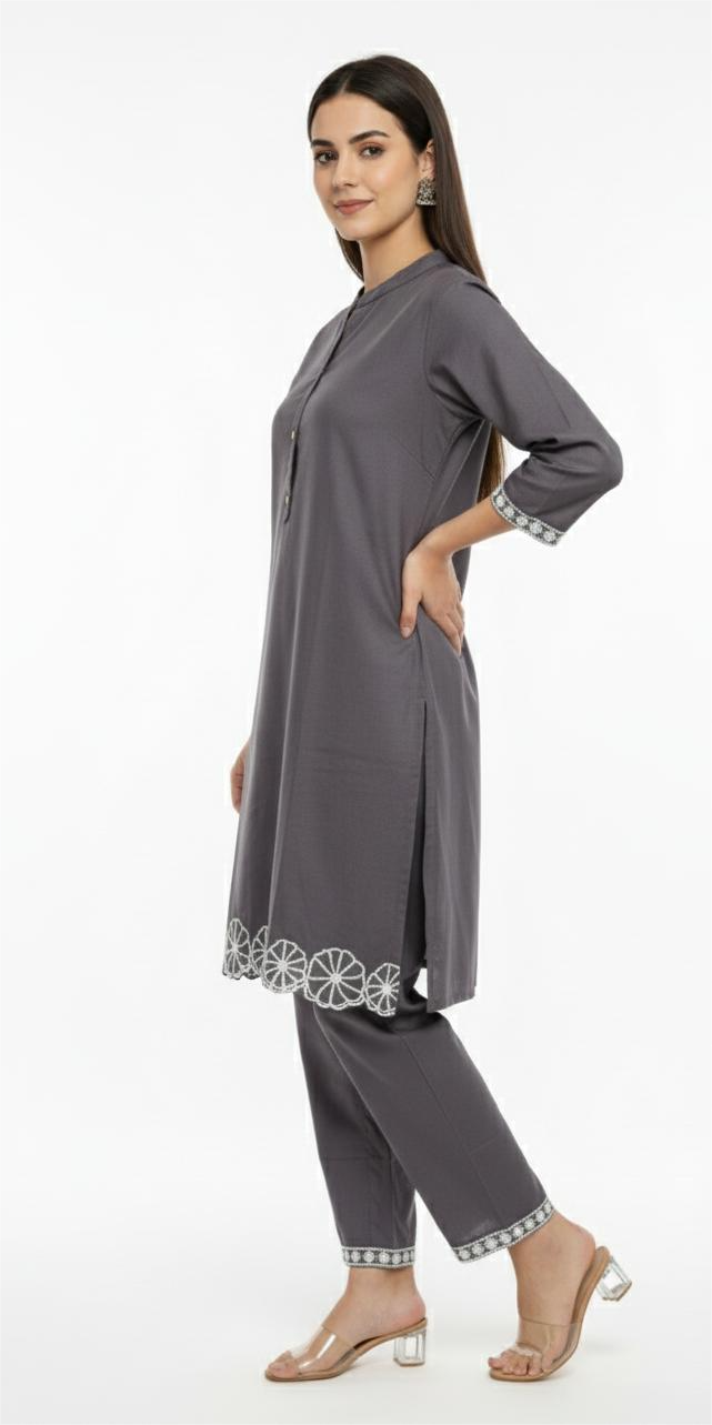 Premium Grey Cotton Co-ord Set for Women | Embroidered Kurta & Pant Set | Office & Casual Wear | Varticn Fabric | By zoinindia