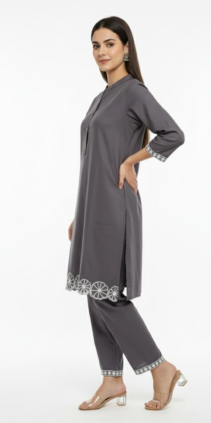 Premium Grey Cotton Co-ord Set for Women | Embroidered Kurta & Pant Set | Office & Casual Wear | Varticn Fabric | By zoinindia