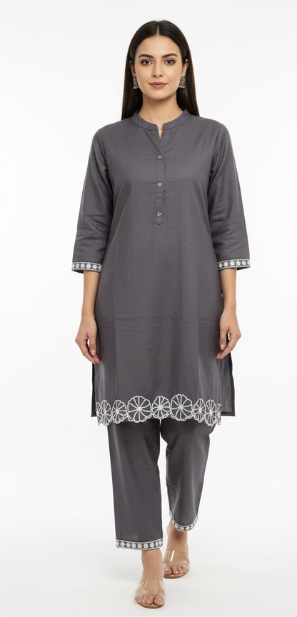 Premium Grey Cotton Co-ord Set for Women | Embroidered Kurta & Pant Set | Office & Casual Wear | Varticn Fabric | By zoinindia