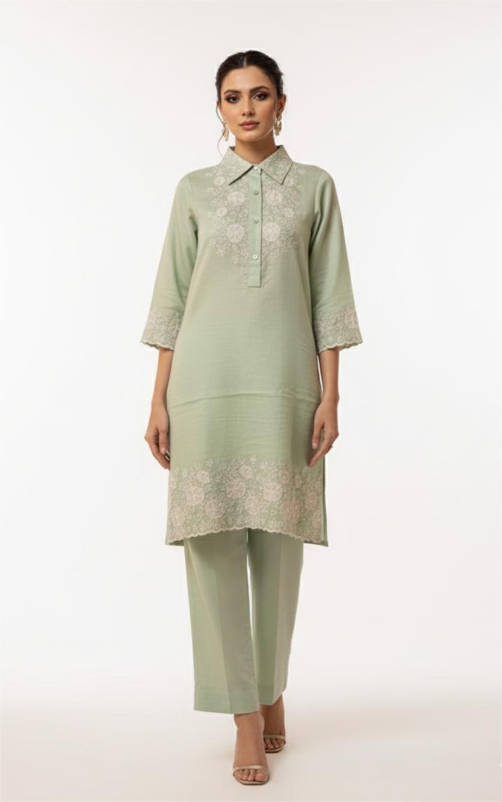 Pista Green Embroidered Co-Ord Set for Women | Thigh-Length Kurta & Pant Set | Premium Vartican Fabric | Office Wear & Daily Wear|  Premium Fabric co-ord by ZoinIndia