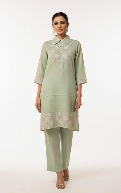 Pista Green Embroidered Co-Ord Set for Women | Thigh-Length Kurta & Pant Set | Premium Vartican Fabric | Office Wear & Daily Wear|  Premium Fabric co-ord by ZoinIndia