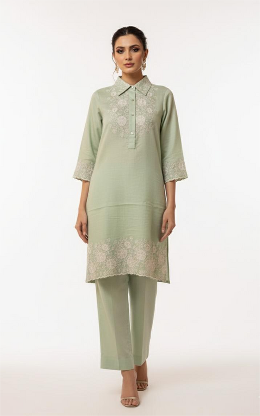 Pista Green Embroidered Co-Ord Set for Women | Thigh-Length Kurta & Pant Set | Premium Vartican Fabric | Office Wear & Daily Wear|  Premium Fabric co-ord by ZoinIndia