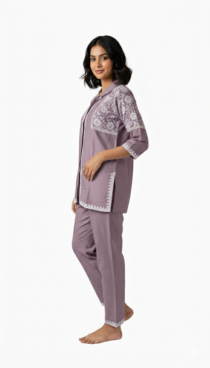 Women’s Stylish Cotton Rayon embroideryCo-ord Set | Purple  Elegant Cotton Rayon Co-ord Set for Women  | Comfortable Loungewear & Sleepwear for Women