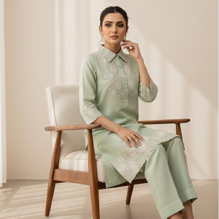 Pista Green Embroidered Co-Ord Set for Women | Thigh-Length Kurta & Pant Set | Premium Vartican Fabric | Office Wear & Daily Wear|  Premium Fabric co-ord by ZoinIndia