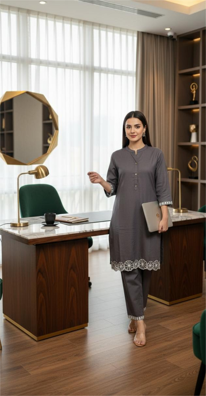 Premium Grey Cotton Co-ord Set for Women | Embroidered Kurta & Pant Set | Office & Casual Wear | Varticn Fabric | By zoinindia