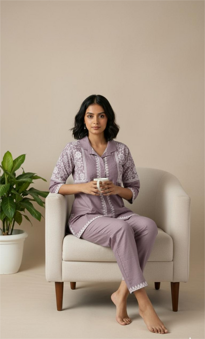Women’s Stylish Cotton Rayon embroideryCo-ord Set | Purple  Elegant Cotton Rayon Co-ord Set for Women  | Comfortable Loungewear & Sleepwear for Women