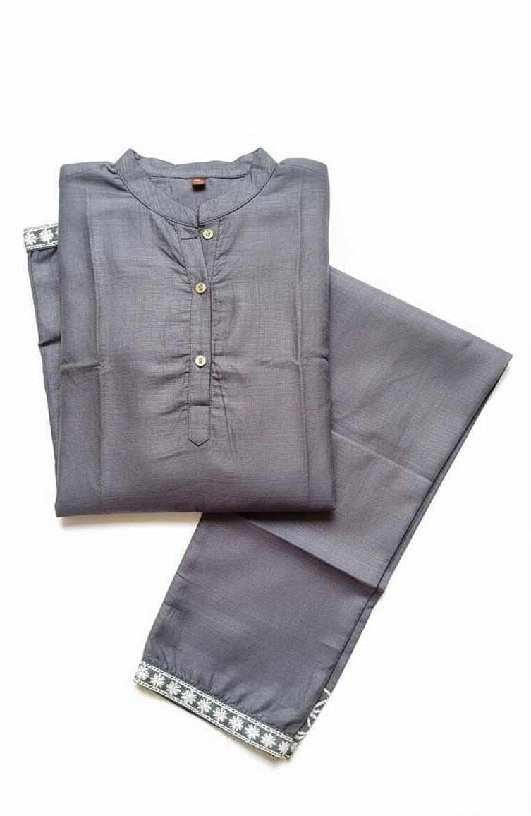Premium Grey Cotton Co-ord Set for Women | Embroidered Kurta & Pant Set | Office & Casual Wear | Varticn Fabric | By zoinindia