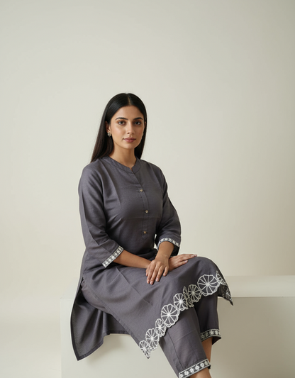 Premium Grey Cotton Co-ord Set for Women | Embroidered Kurta & Pant Set | Office & Casual Wear | Varticn Fabric | By zoinindia